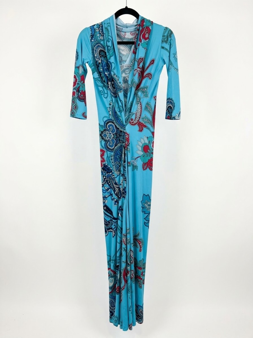 Light Blue Paisley Print V-Neck Maxi Dress